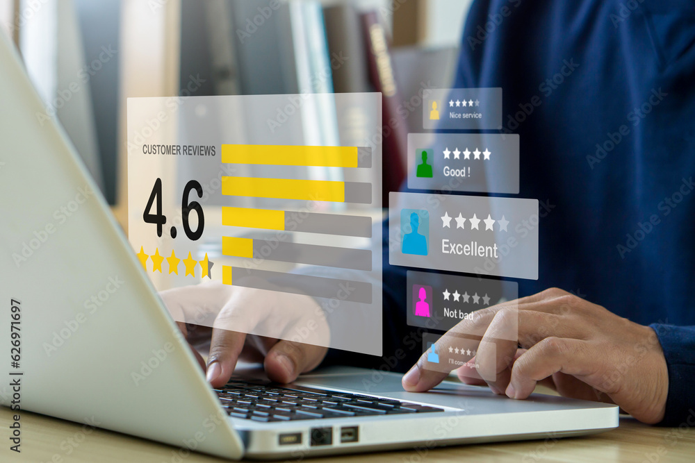 Customer review and service evaluation for satisfaction feedback survey concept.Businessman man gives rating to service experience on online application.Reputation ranking of business.