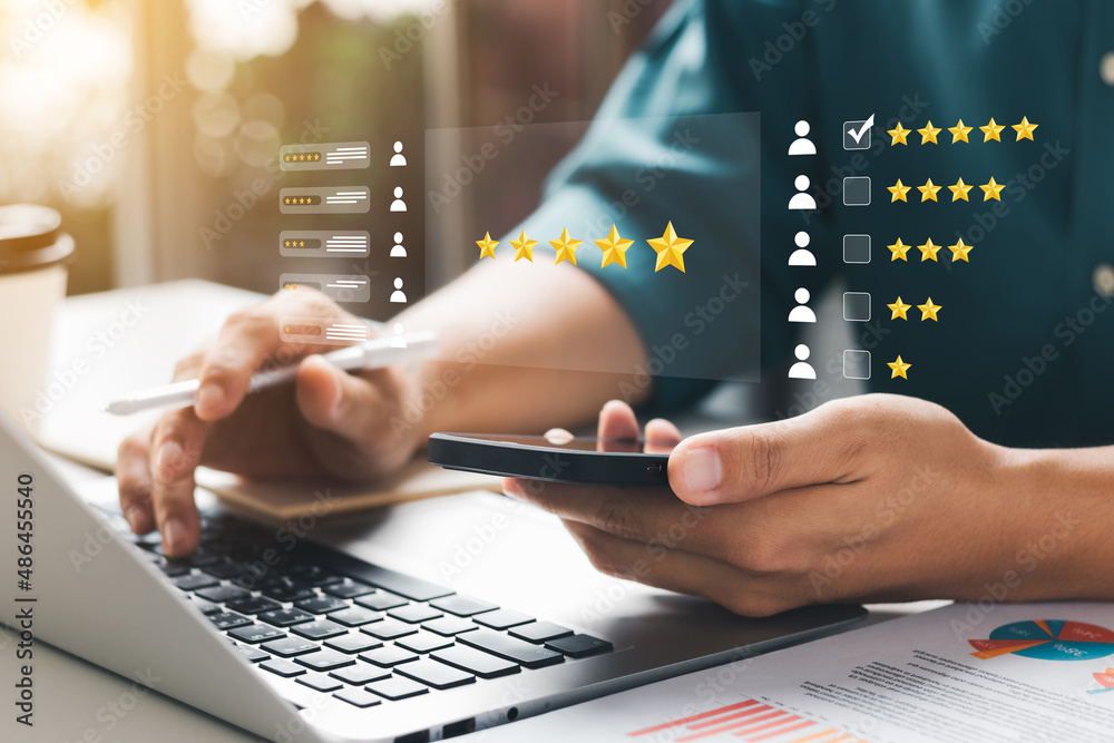 User give rating to service experience on online application, Customer review satisfaction feedback survey concept, Customer can evaluate quality of service leading to reputation ranking of business.